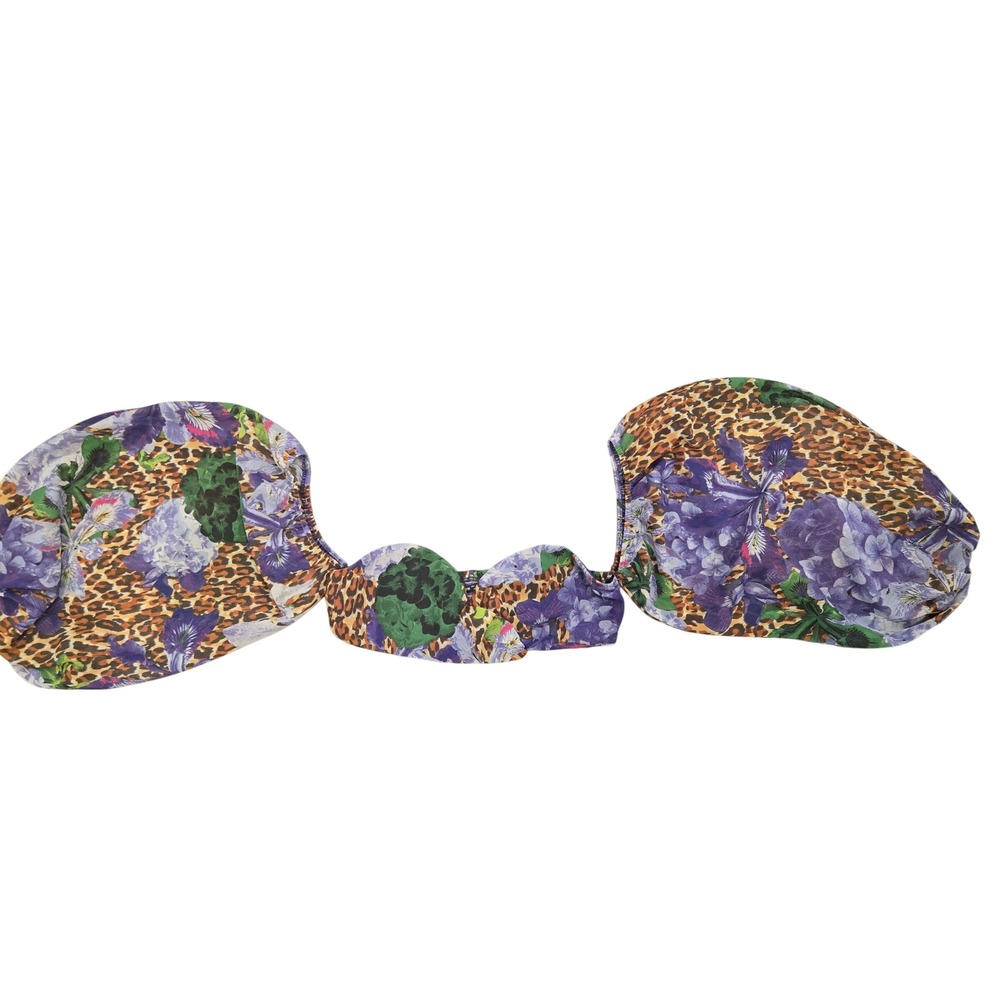 Shein Floral Leopard Print Puff Sleeve Crop Top Purple Green Large
